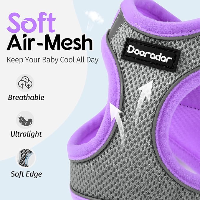 Dooradar Cat Harness and Leash Set, Escape Proof Lightweight Kitten Harness, Soft Breathable Reflective Vest for Outdoor Walking Traveling, Adjustable for Medium Cats, Grey & Purple, M