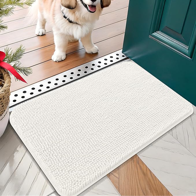 OLANLY Dog Door Mat for Muddy Paws 30x17, Absorbs Moisture and Dirt, Absorbent Non-Slip Washable Doormat, Quick Dry Chenille Mud Mat for Dogs, Entry Indoor Entryway Carpet for Inside Floor, Ivory