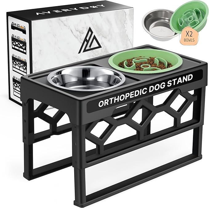 AVERYDAY Small Slow Feeder Dog Bowls Elevated, 4 Height Adjustable Raised Dog Bowl Stand with Stainless Steel Food and Water Bowl, Tall Dogs Feeding Station with Anti-Slip for Small Medium Breeds Dogs