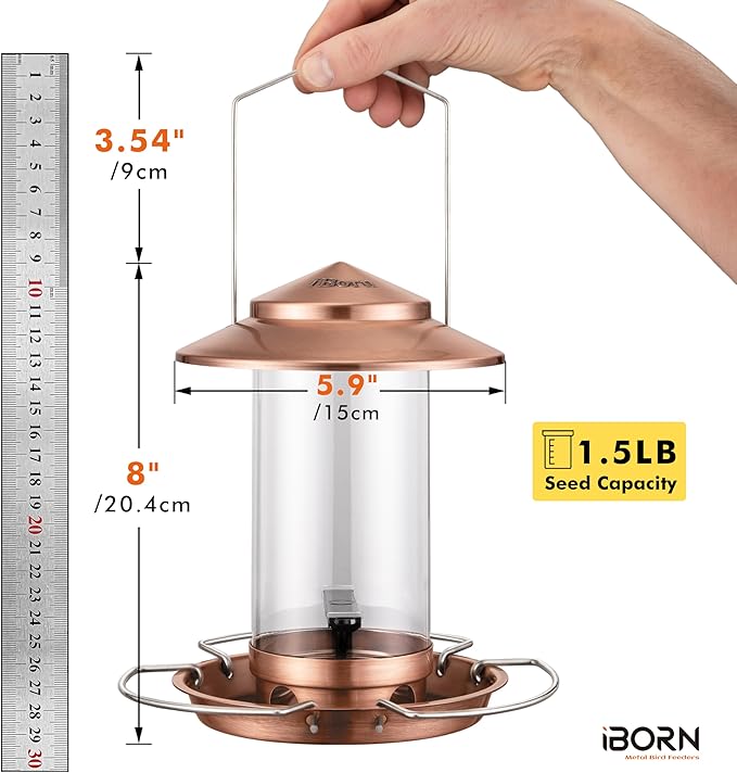 iBorn Bird Feeder Metal Squirrel Chew-Proof Bird Feeders for Outdoors Hanging Outside for Cardinal, Holds 1.5LB Seed with 3 Perchs, Brushed Copper (Seed is not Included)