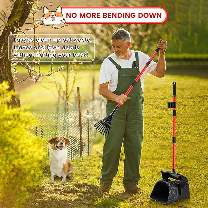 Pooper Scooper Swivel Bin and Rake with 60 Waste Bags, Heavy Duty Dog Poop Scooper for Large Medium Small Dogs, Long Stainless Steel Handle Use on Yard, Grass, Dirt or Gravel