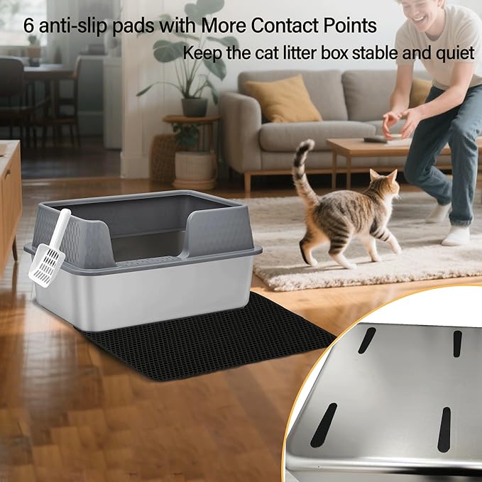 Large Stainless Steel Cat Litter Box with lid Cover Mats Scooper Small High Sided Enclosed Metal Kitty Litter Box for Kittens or Senior Cats with Grey Enclosure