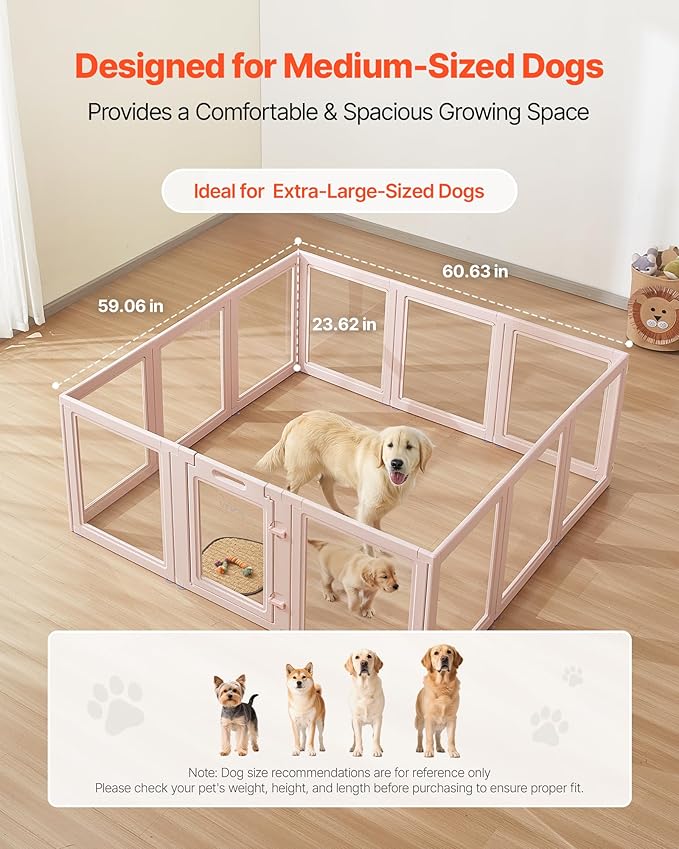 VEVOR Clear Acrylic Dog Playpen Indoor, 60x59x23 in Transparent Plastic Dog Playpen for X-Large Sized Dogs, Easy Assemble Waterproof Puppy Playpen, Easy to Clean,Durable Indoor Pet Dogs Cats Fence Kit