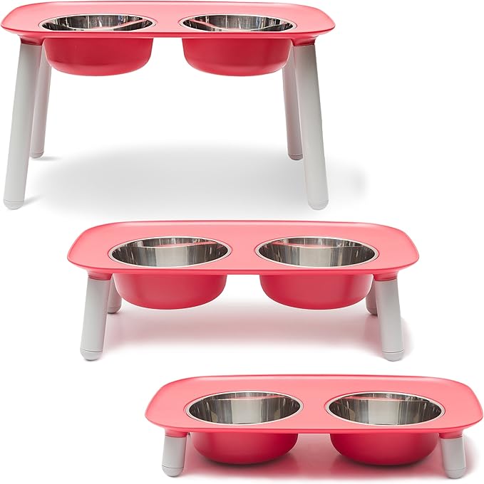 Messy Mutts Elevated Double Feeder with Stainless Bowls | Adjustable Height 3”, 5”, or 10” | Adjustable Standing Feeder for Dogs | 5 Cups per Bowl | Watermelon