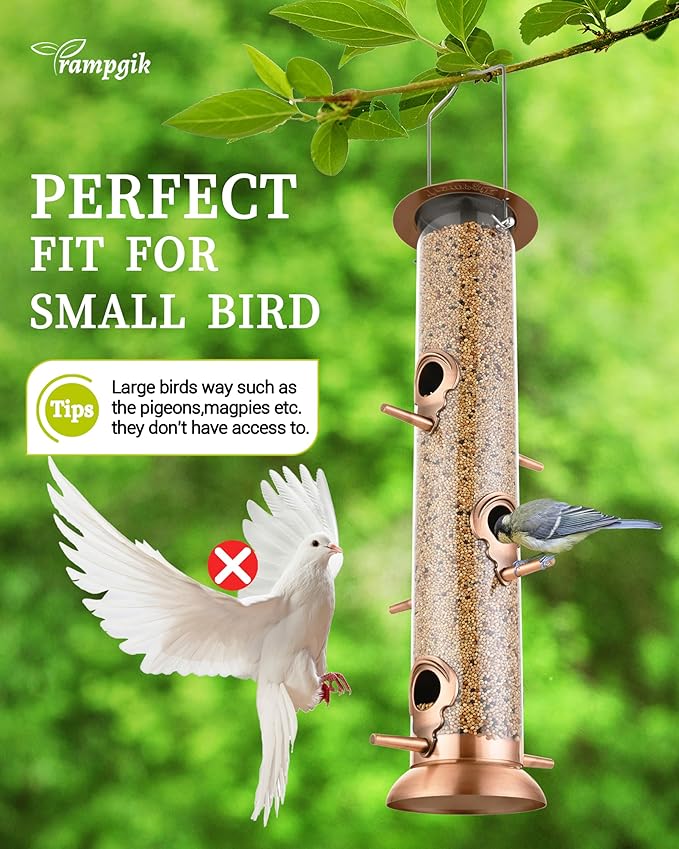 Bird Feeders for Outdoors,15 Inch 6 Ports Squirrel Proof Bird Feefers,Finch Feeder for Outside,Chew-Proof Metal Hanging Bird Feeder,Rust-Proof,Easy to Refill & Clean,Copper,Pack of 1