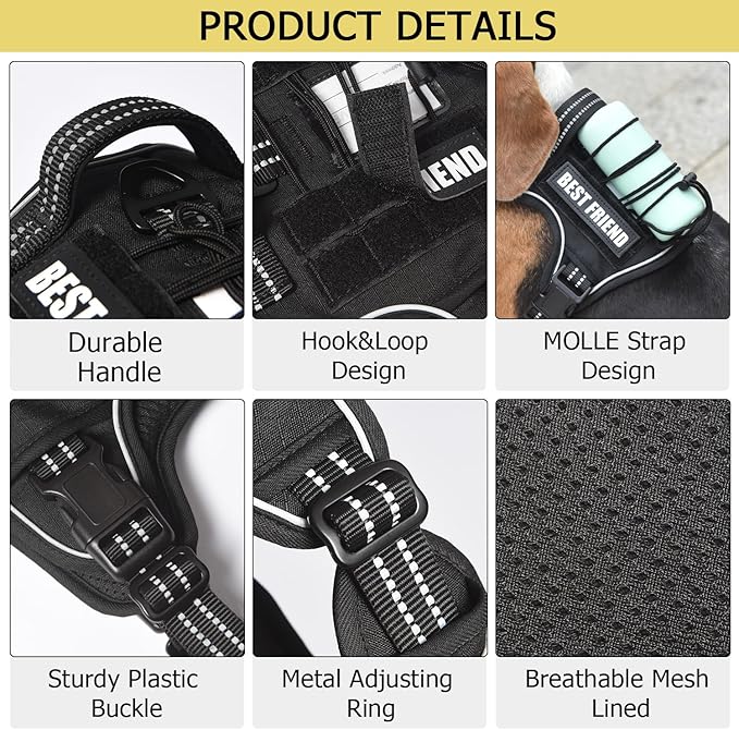 PET MARVEL Tactical Dog Harness for Small Size, No Pull Military Dog Vest with Easy Control Handle, Molle Hoop & Loop, Adjustable Reflective Reinforced Stich for Walking Training, Black