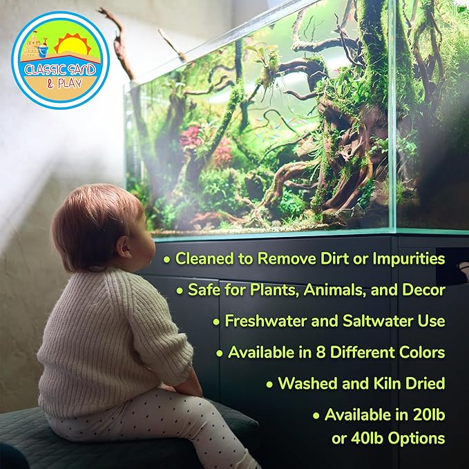 CLASSIC SAND & PLAY Natural Aquarium Sand for Freshwater and Saltwater Tanks, 40 lb. Bag, Improves Filter Life and Filtration Process, Pre-Washed Fine Sand, Rainbow