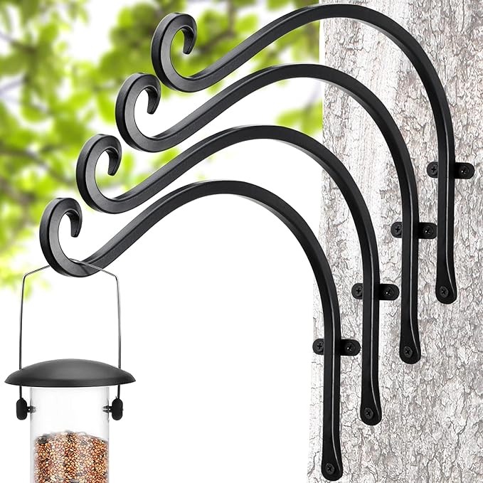 Bird Feeder Hanger: 12-Inch Wall-Mounted Plant Bracket Outdoor - 4 Pieces Black Plant Hooks for Hanging Flower Baskets