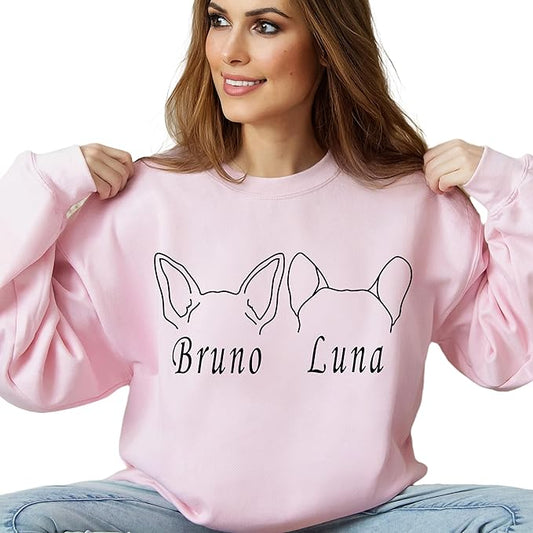 Custom Dog Mom Shirt for Women Pet Ears Sweatshirt with Name Unique Puppy Line Art Cute Dad Hoodie for DogDad Owner Lover