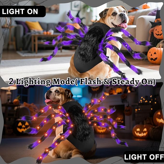 Light-Up Halloween Spider Dog Costume with Orange LED Lights, Purple & Black Furry Spider Costumes for Pets, Funny Halloween Costume Outfit for Cosplay Party (XL)