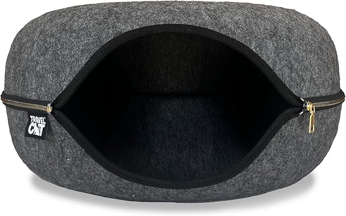 Travel Cat Tunnel Bed Cave - 21 Inch Large Premium Grey Round Donut Cat Cave for Indoor Cats, Kitten - Detachable Cat Hideaway Cat Bed with Tunnel for Playing, Scratching, Sleeping