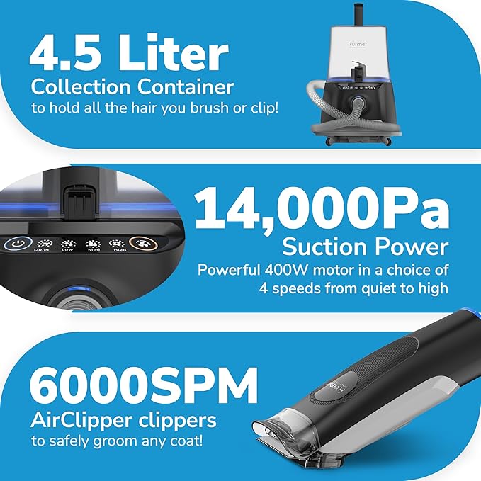 FurMe ULTRA Pet Grooming Vacuum Kit - Cat & Dog Grooming Kit For Easy Pet Care at Home, Quiet & Safe Dog Hair Remover Machine with Brush, Clipper, Shedding & Cleaner Tools & 4.5L Canister