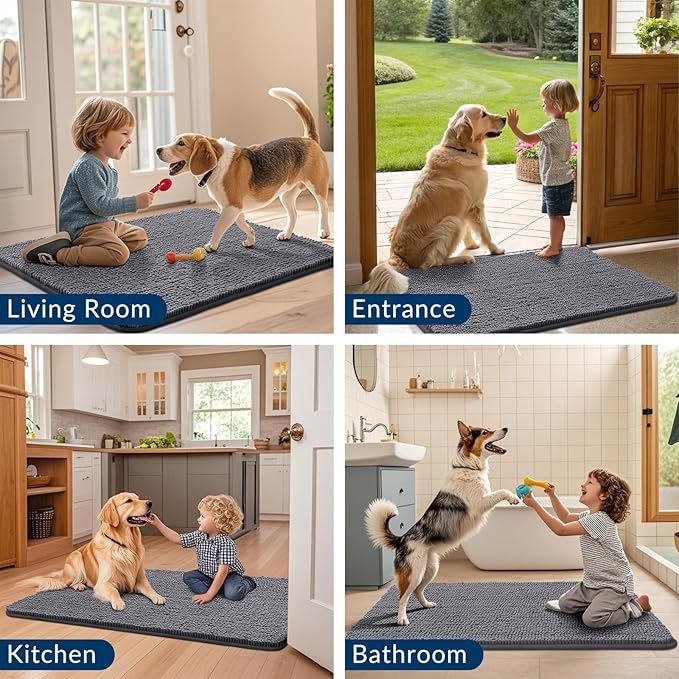 Smiry Dog Door Mat for Muddy Paws 24x16, Absorbs Moisture and Dirt Doormat, Non-Slip Washable Quick Dry Chenille Front Door Mat Indoor Entrance, Entryway Carpet for Inside Floor, Dark Grey