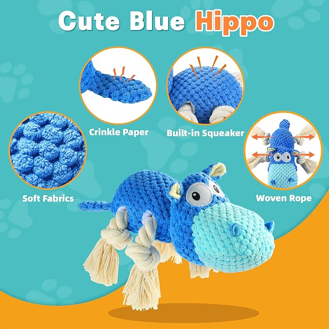 Squeaky Dog Toys - Plush Stuffed Animal Dog Toys for Large, Medium, Small Dogs to Keep Them Busy (Blue, Large)