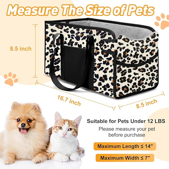 Portable Dog Car Seat for Small Dogs - Adjustable Safety Leash, Washable Cushion & Storage Pocket - Pet Booster Seat for Car Travel- Leopard