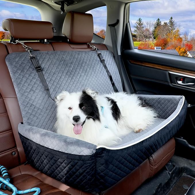 Youvee Dogs Car Seat and Bed 2 in 1,Pet Car Bed for 2 Small or 1 Medium/Large Dog up to 60 lbs,Dog Booster for car Back Seat,Comfortable,Fully Detachable and Washable(Black Outside Grey Inside)