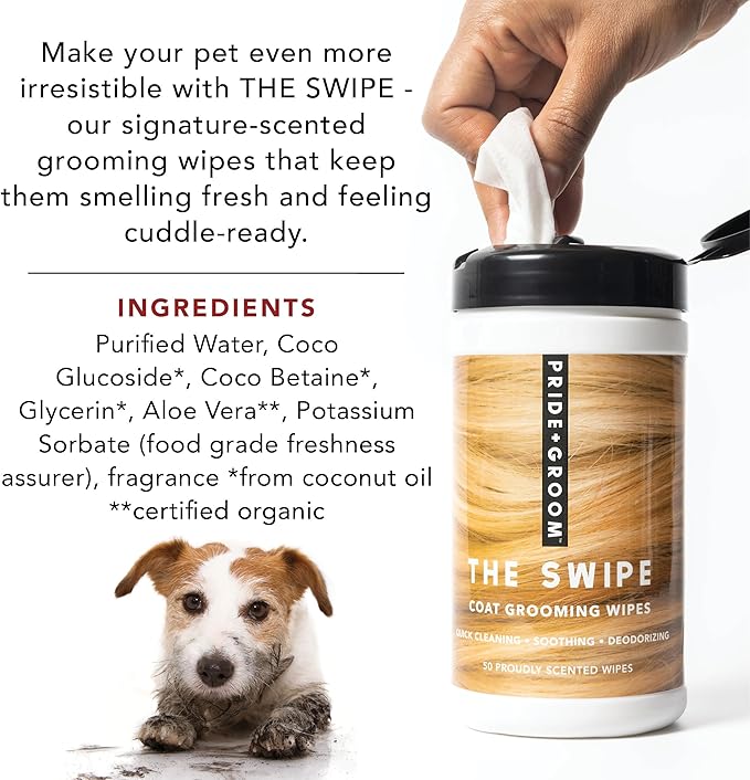 Pride and Groom The Swipe – Soothing Coat Grooming Dog and Pet Wipes with Signature Scent for Quick Cleaning & Deodorizing Face, Paw, Fur in Between Baths and After Dinner & Playtime – 50 Wipes