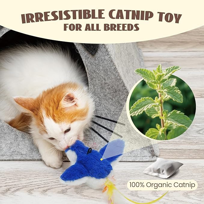 Flapping Bird Cat Toy, Interactive Catnip Kitten Toy with Lifelike Chirping, Rechargeable & Touch Activated for Bored Indoor Adult Cats of All Breeds, Blue