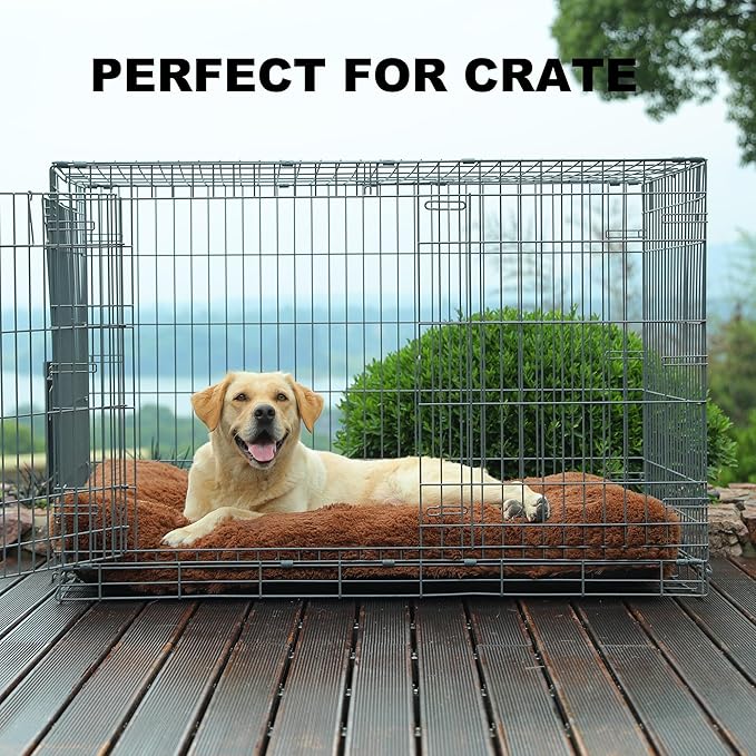 Bedfolks Waterproof Crate Pad, Plush Faux Fur Kennel Bed for Extra Large Dogs, Removable Cover, Fluffy Washable 41"x27", Solid Brown
