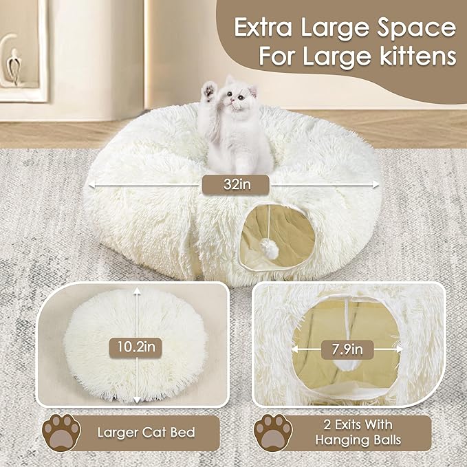 Cat Tunnel Bed for Indoor Cats, Peekaboo Cat Cave with Washable Soft Play Mat, Furry Cat Tube, for Kitten/Puppy/Rabbit, Beige