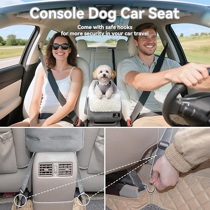A 4 Pet Center Console Dog Car Seat for Small Dogs Cats, Booster Seat for Puppy with Safety Tethers, Pet Car Seat with Safe Protective Hooks,Washable Cushion - Portable Carrier for Pets Up to 8 Lbs