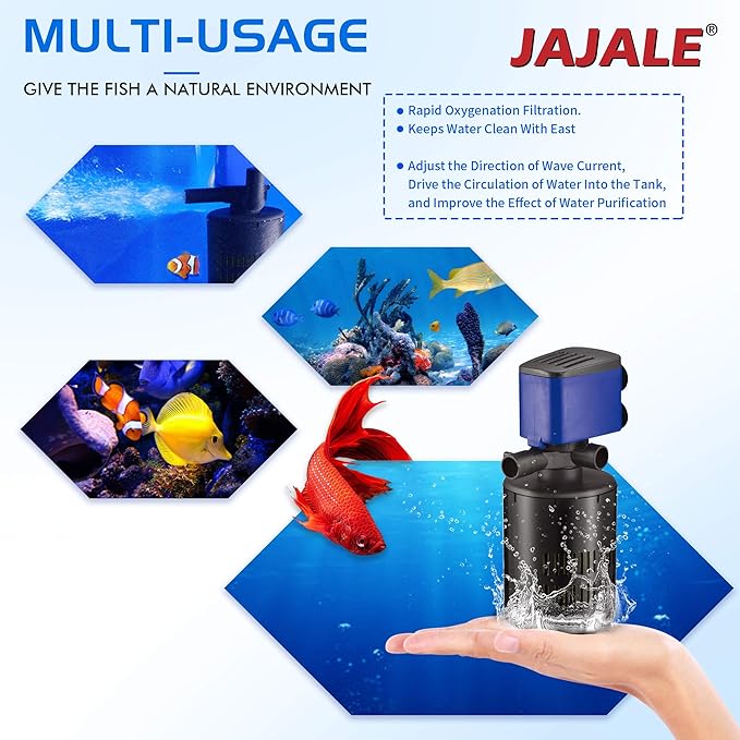 Water Pump 210 GPH 3-in-1 Submersible Internal Filter Aquarium Powerhead Water Pump Ultra Quiet for Aquarium,Fish Tank-2 Pack