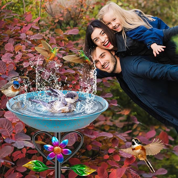 Vintage Metal Bird Bath for Outside, Standing Bird Feerder with Sunflower Love Decoration, Detachable Birdbaths Bowl for Outdoor Yard Lawn Garden Decor (A-Bule)