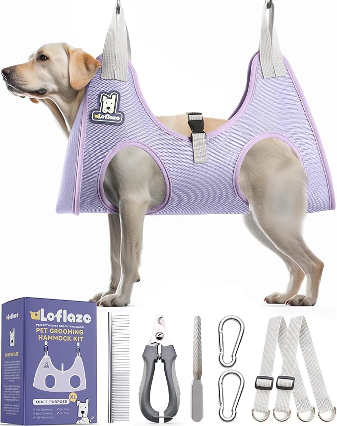 Dog Grooming Hammock Harness for Dogs & Cats with Pet Nail Clipper Trimmer - Cat Hanger Sling for Trimming Clipping Nails- Dog Hammock Restraint Bag for Small Medium Large pet （ Purple XL）