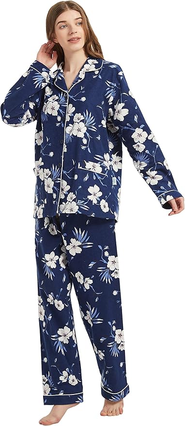 GLOBAL Flannel Pajamas for Women 2-Piece Comfy and Cozy Flannel Pj Set Cotton Loungwear
