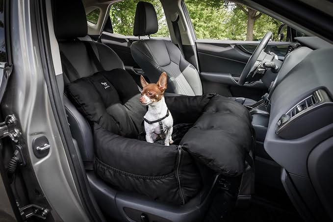 JACKO & CO - Premium Dog Car Seat v2 Booster Seat for Small & Medium Pets Under 25lbs - Machine Washable w Removable Cover Water Resistant w Clip-On Leash for Front or Back Seat (Black/Small (1-25lbs)