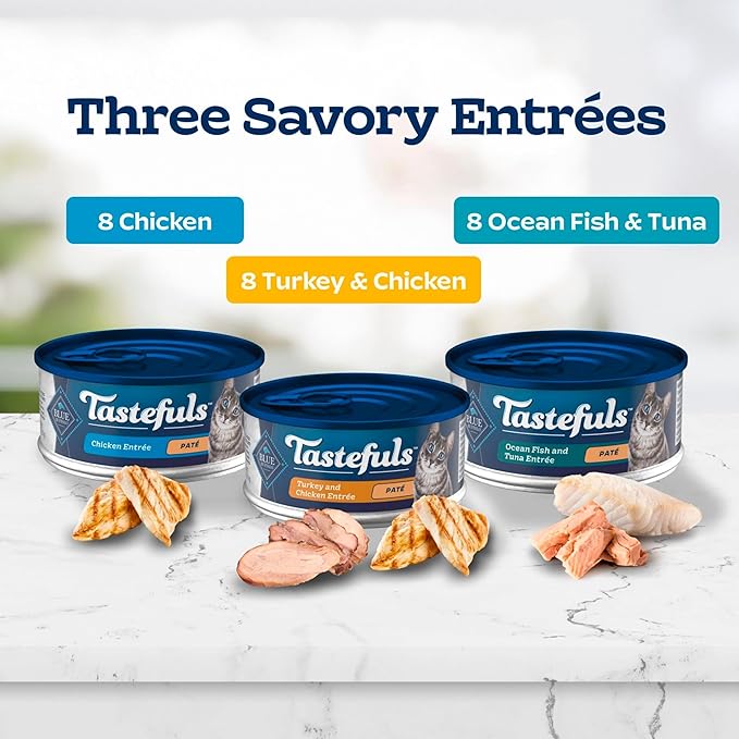 Blue Buffalo Tastefuls Wet Cat Food Paté Variety Pack, Made with Natural Ingredients, Chicken, Turkey & Chicken, Ocean Fish & Tuna Entrées, 5.5-oz Cans (24 Count, 8 of Each)