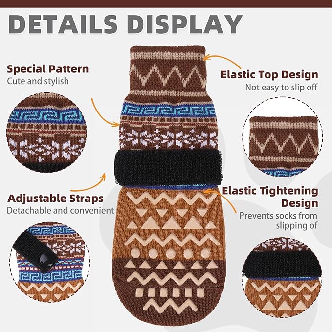KOOLTAIL Dog Socks to Prevent Licking Paws for Hardwood Floors Anti Slip, Winter Warm Pet Boots&Paw Protector with Grippers, Double Sides Dog Shoes Booties for Small Medium Large Senior Dogs Khaki M