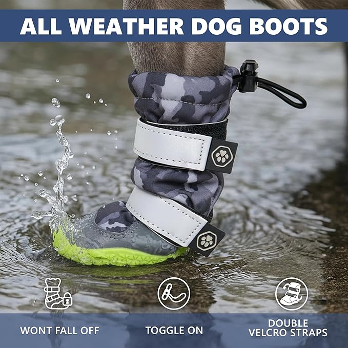 Spark Paws Dog Shoes, Waterproof Dog Boots for Medium to Large Dogs, Non Slip, Breathable Dog Booties and Paw Protectors - 4PCS Doggie Hiking Boots with Reflective Straps, Gray Camo, Size 6