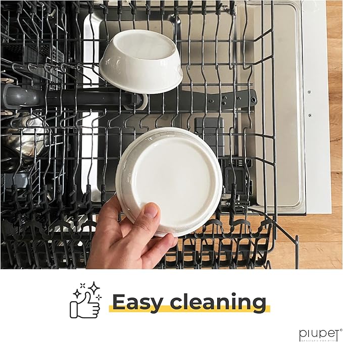 PiuPet® Cat Bowl 8.5 fl oz with Rack, Set of 2 Bowls for Cats and Small Dogs, White Ceramic Cat Bowls for Easy Cleaning with Stylish and Non-Slip Bamboo Frame I Ideal Ergonomic Cat Food Bowl Set