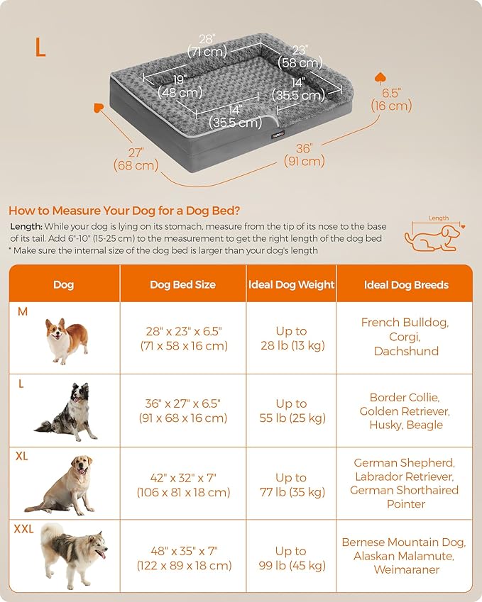 Feandrea Orthopaedic Dog Bed for Large Dogs, Waterproof Dog Sofa Bed with Removable Washable Cover, 36 x 27 x 6.5 Inches, Slate Gray UPGW252G02