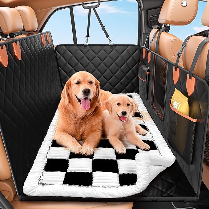 Hard Bottom Car Seat Cover for Dog swith Removable Soft Blankets,Scratch-Proof and Anti-Slip Car Dog Hammock for Large Dogs White for Crew Cab Trucks F150