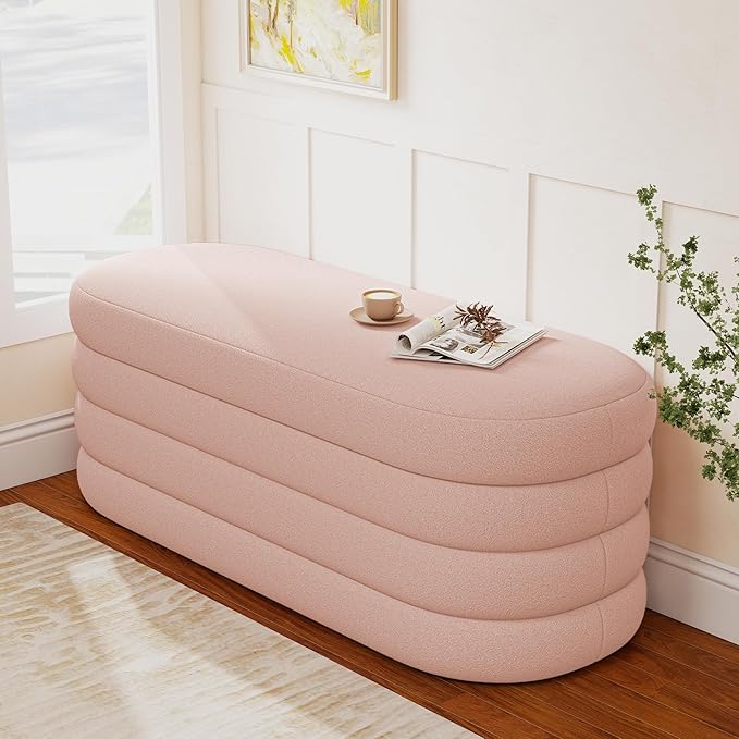 Storage Ottoman Bench 49.2 Inch Upholstered Fabric Storage Bench for Bedroom End of Bed Aesthetic Large Oval Ottoman for Living Room Entryway (Pink)