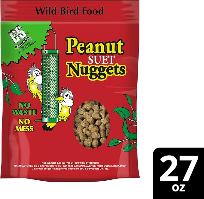C&S Peanut Suet Nuggets, Outdoor Wild Bird Food for Nuthatches, Woodpeckers and Chickadees, 27 Ounces