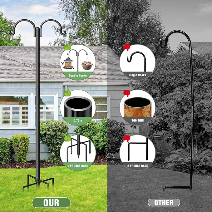 Double Shepherds Hooks for Outdoor, Heavy Duty Bird Feeder Pole with 5-Prong Base - Rust-Proof, Adjustable Bird Feeder Hanger for Garden, Wedding Decor & Hanging Plants