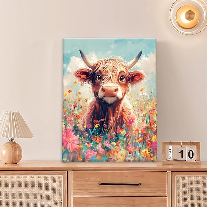 Highland Cow Wall Art Canvas Flower Cattle Wall Decor Prints Framed Painting Animal Pictures Gifts Artwork for Bathroom Living Dining Kitchen 12"x16"