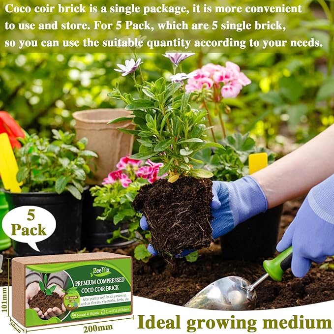 ZeeDix 5 Pack Premium Coco Coir Brick, Organic Compressed Coconut Coir Bricks Seed Starter Potting Soil for Plants, Coconut Fiber Substrate with Low EC & pH Balance for Gardening Flower Herbs