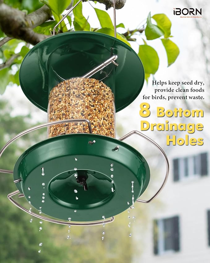 iBorn Bird Feeder Metal Squirrel Chew-Proof Bird Feeders for Outdoors Hanging for Cardinal Outside, Holds 1.5LB Seed with 3 Perchs, Green (Seed is not Included)