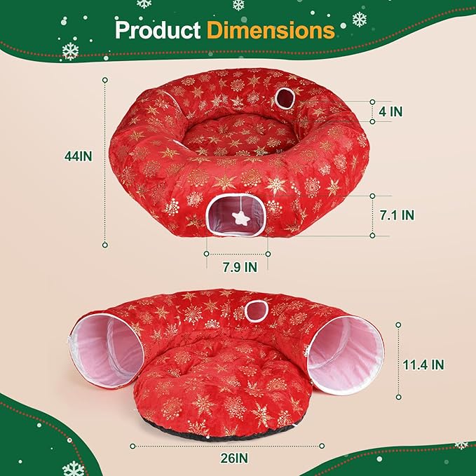 Cat Tunnel Bed for Indoor Cats, XL Christmas Tree Skirts Washable Warm Soft Indoor Cat Donut Tunnel, Multifunctional Cat Interactive Playground Toys for Felines Pet Christmas Tree Decoration