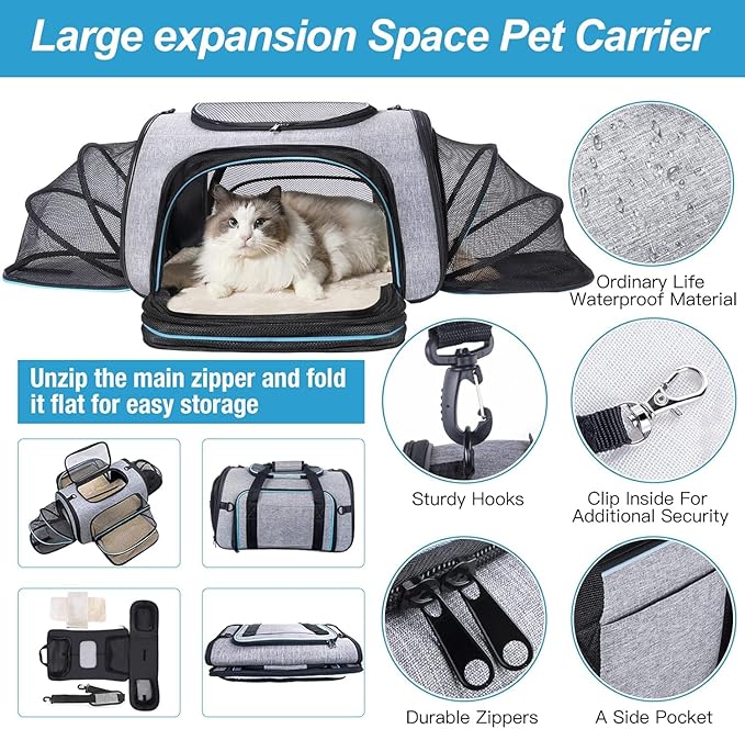 Siivton 4 Sides Expandable Pet Carrier, Airline Approved Soft-Sided Dog Cat Carrier Bag with Fleece Pad for Cats, Puppy and Small Animals (4 Extension Gray_Blue, L:18.0" L x 11.0" W x 11.0" H)