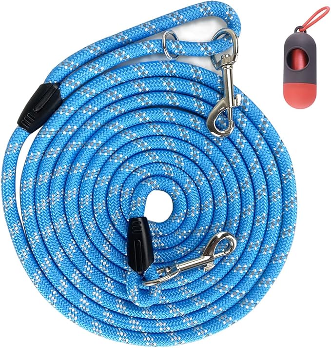 Long Rope Dog Leash for Dog Training 12FT 20FT 30FT 50FT, Reflective Threads Dog Cat Leashes Tie-Out Check Cord Recall Training Agility Lead for Large Medium Small Dogs (Blue, 10mm*30ft)
