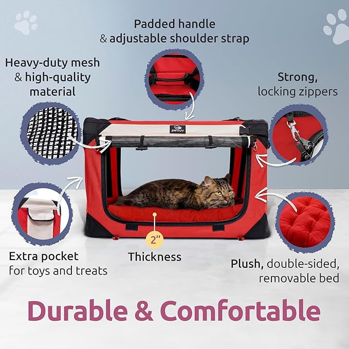 Soft-Sided Cat & Dog Pet Carrier, Medium 20"x13"x13" Fits Most Cats or Small Dog, Comfortable for Travel & Vet Visits, Privacy Windows, Removable Plush Bed, Top/Side Entry, Locking Zippers, Folds Flat