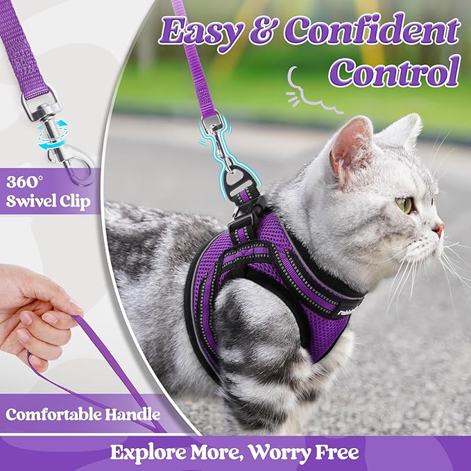 rabbitgoo Cat Harness and Leash Set for Walking Escape Proof, Adjustable Soft Kittens Vest with Reflective Strip for Cats, Comfortable Outdoor Vest, Purple, XL