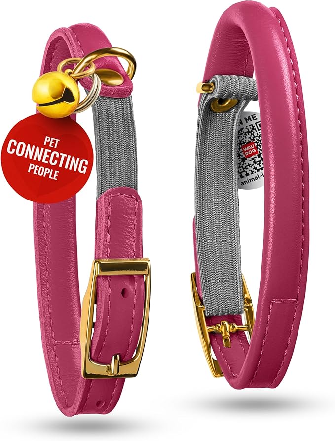 WAUDOG Ultra Soft Rolled Leather Cat Collar with Removable Bell, Safety Elastic Strap and QR ID Tag - Soft Padded for Small, Medium, and Large Cats - Round Kitten Collar for Male and Female Cats