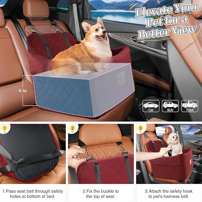 Dog Booster Car Seat for Dogs up to 35lbs, Safety Pet Car Seats with Anti-Slip Bottom, Travel Booster Dog Bed with 2 Storage Pockets (Wine Red, Medium)