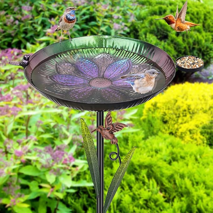 41.5" Metal Bird Bath for Outside, Detachable Birdbath Sturdy 5-Prong Stake Base with Bowl & Decorative Birds, Durable Iron Garden Birdbath & Feeder for Patio Wildlife Décor (Purple to Green)